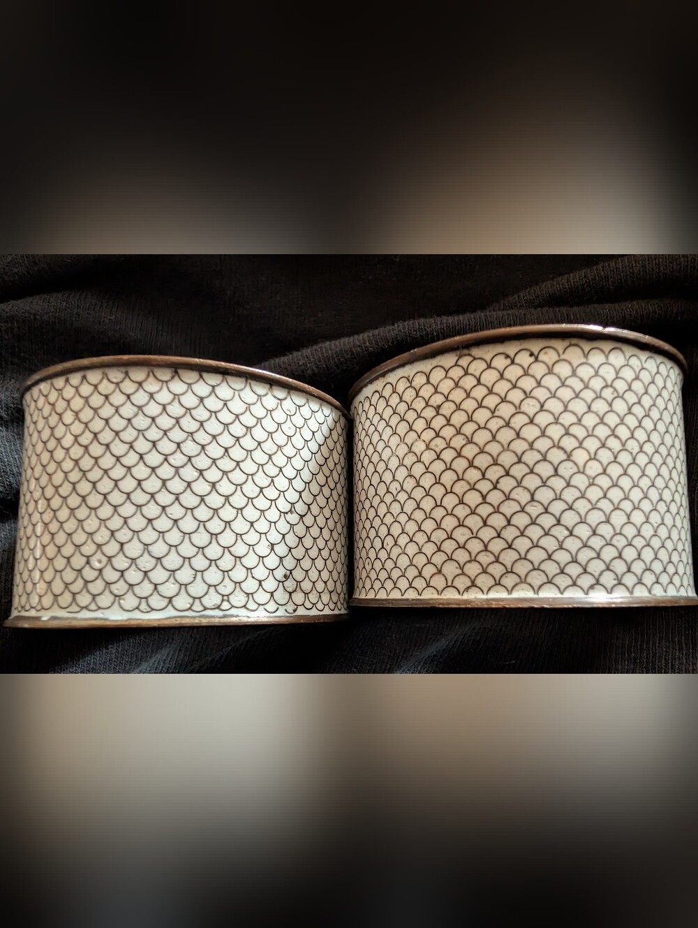 Rare Pair White Cloisonné Enamel Napkin Rings Fish Scale Pattern Turquoise